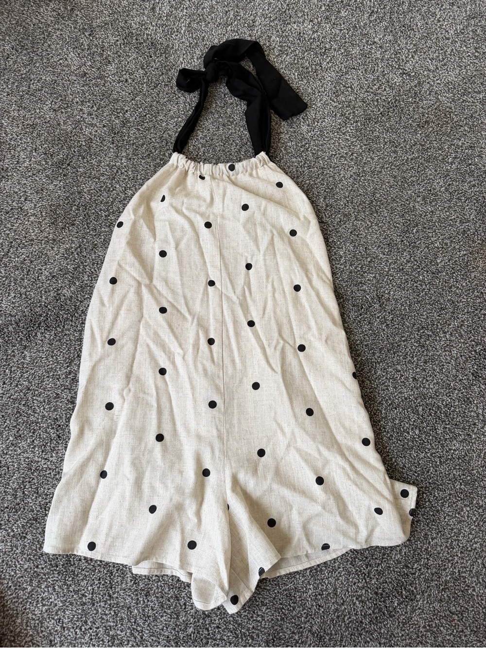 Polka Dot Halter Linen-Blend Romper Black & Cream